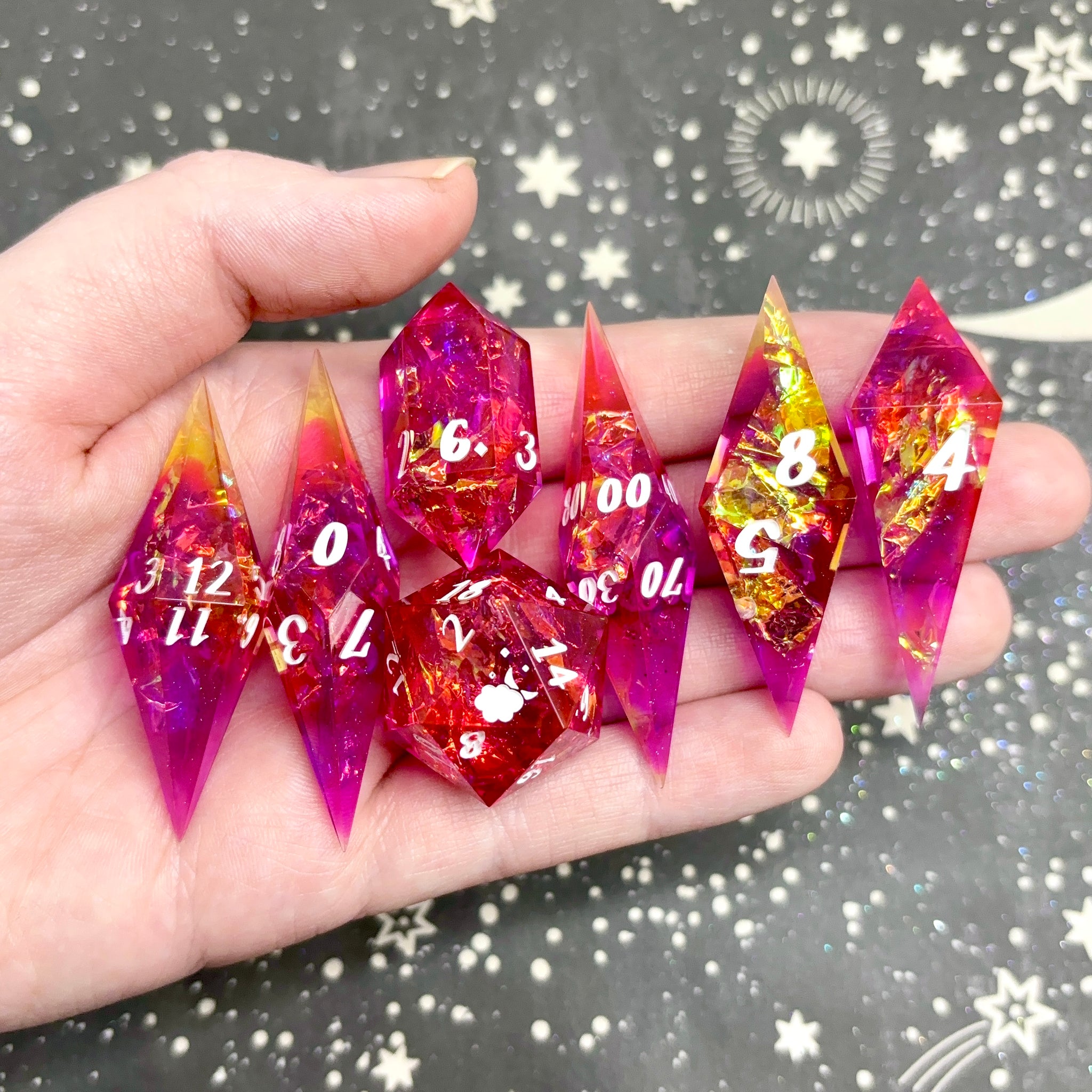 "Warm Gems" - Elongated 7 Piece Show Off Set - Logo d20