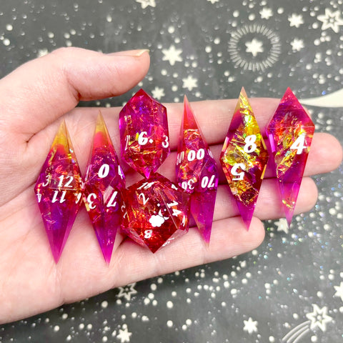 "Warm Gems" - Elongated 7 Piece Show Off Set - Logo d20